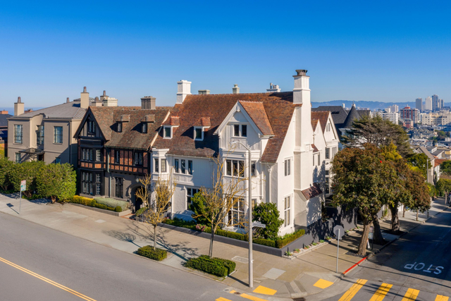 A street corner features large, well-maintained houtilizes with varied architectural styles under a clear blue sky, with a city skyline in the background.